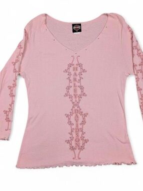 Y2K Pink baby tee Harley-Davidson Light Pink Long Sleeve Embellished Tee